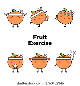 Orange exercise character. Sport icon. Cute style fruit character. Happy face fruit icon. Cute style fruit set. Exercise at home. Orange emoji. Health care by exercise at home. Illustration vector.