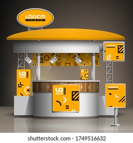 Orange exhibition stand design with geometric pattern. Booth template. Corporate identity