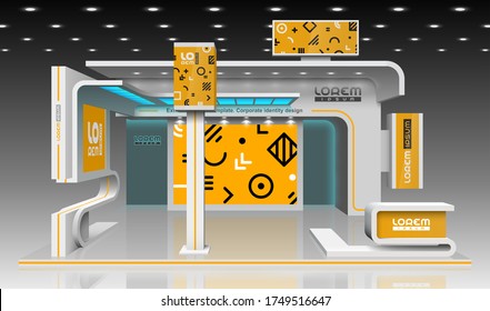 Orange exhibition stand design with geometric pattern. Booth template. Corporate identity