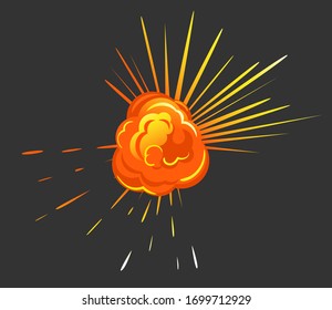 Orange explosion with cloud of dust. Impact of asteroid or meteorite, big bang in motion with fire. Isolated burst in space, bright and radial bursting with smoke. Vector illustration in flat style