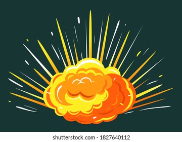 Orange Explosion With Cloud Of Dust. Impact Of Asteroid Or Meteorite, Big Bang In Motion With Fire. Isolated Burst In Space, Bright And Radial Bursting With Smoke. Vector Illustration In Flat Style