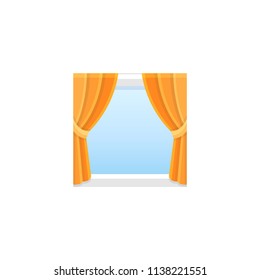 Orange fabric curtain with drapery. Vector illustration. Flat icon of traditional blind. Element of home & office window decoration. Front view.