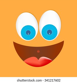 Orange face with big eyes, white with blue lenses with a big laugh with a red tongue with mouth open with gleaming eyes on an orange background