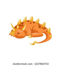 Orange fairytale monster or creature sleeping. Cute colorful baby dragon and dinosaur cartoon illustration. Reptiles, wild animal concept