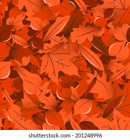 Orange fall leaves (maple, oak, linden and white willow) seamless pattern.