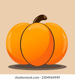 Orange fall pumpkin with brown tail on orange background. Autumn illustration