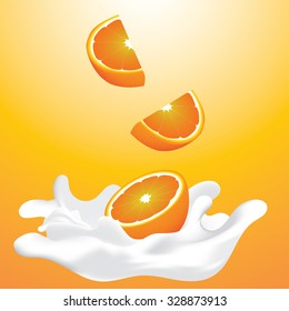 orange falling into milk with splash