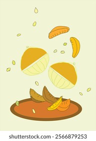 Orange falling on a plate .