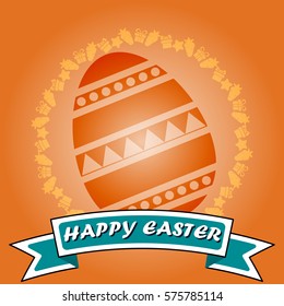 Orange fancy egg inside circle badge for Happy Easter concept on Orange background