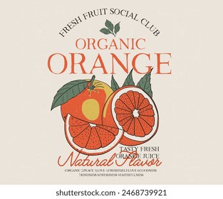 Orangefarbenes Kunstwerk. Frischer Friedensfrucht-Print. Natur Fruit Club Print Design. Organic Food Artwork für T-Shirt. Obst Vintage T-Shirt Design. Poster-Design für Sommernahrung.