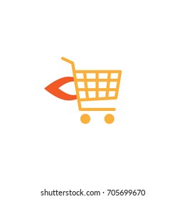 Orange Fast delivery shopping cart sign . simple icon isolated on white background. Store trolley with wheels and rocket fire. Fat vector Illustration. Good for web and mobile design. 