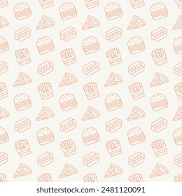 Orange fast food background. Basic flat design snack pattern. French fries, hamburger, hot dog, pizza, junk food, burger, hotdog, bread sign symbol. Wallpaper, seamless.