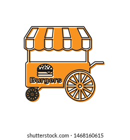 Orange Fast street food cart with awning icon isolated on white background. Burger or hamburger icon. Urban kiosk. Vector Illustration