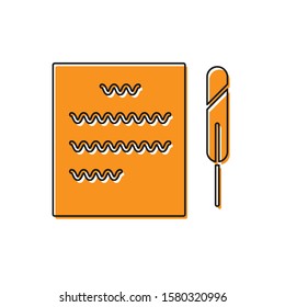 Orange Feather pen and paper scroll icon isolated on white background.  Vector Illustration