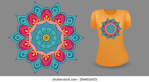 Orange female t shirt with mandala. Vector realistic
