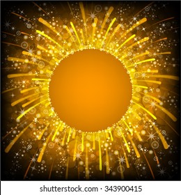 orange festive background, round frame with firework, vector