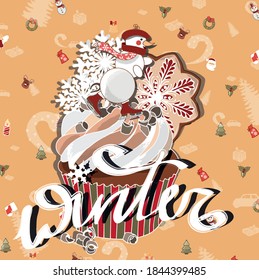 Orange festive pattern card with cupcake and inscription 'Winter'.