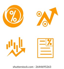 Orange finance icons with percentage signs, charts, and documents. Flat vector design for business, banking, or economic themes