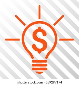 Orange Financial Idea Bulb toolbar pictogram. Vector pictogram style is a flat symbol on diagonally hatched transparent background.
