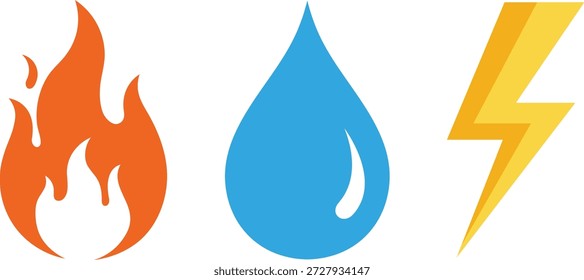 Orange fire blue water drop and yellow lightning bolt symbols flame