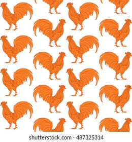 Orange fire decorative rooster on white background seamless pattern. Background illustration for New Year 2017 design.