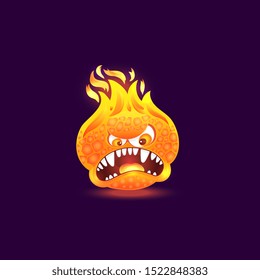 Orange fire monster with angry face and open mouth full of teeth. Cartoon flame creature with burning head and lava skin isolated on dark background, rage emotion vector illustration