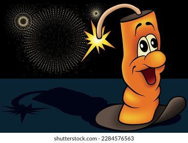 Orange Firework Stick Figure with a Smiling Face - Colored Cartoon Illustration with Background, Vector