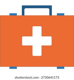 Orange first aid kit with white cross symbol and blue handle on white background