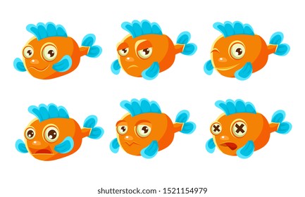 Orange Fish with Different Emotions Set, Cute Sea Creature Cartoon Character with Funny Face Vector Illustration