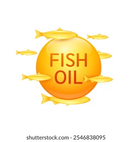 Orange fish oil or Omega 3 fatty acids on white background. Extracted from nature salmon. Vitamins collagen essential to the health for the body. For dietary nutritional supplement. Vector.