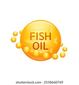 Orange fish oil or Omega 3 fatty acids on white background. Extracted from nature salmon. Vitamins collagen essential to the health for the body. For dietary nutritional supplement. Vector.