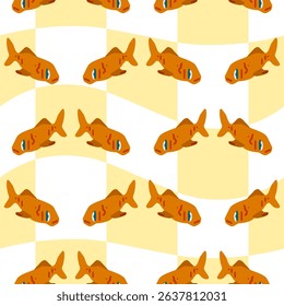 Orange Fish Seamless Pattern. Seamless pattern with cartoon-style orange fish on a wavy yellow and white background. Flat illustration with playful summer mood.