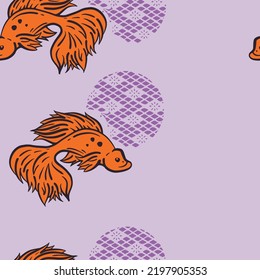 Orange fishes on light violet background. Seamless pattern with fish. Modern abstract design for background for packaging paper, cover, fabric, card