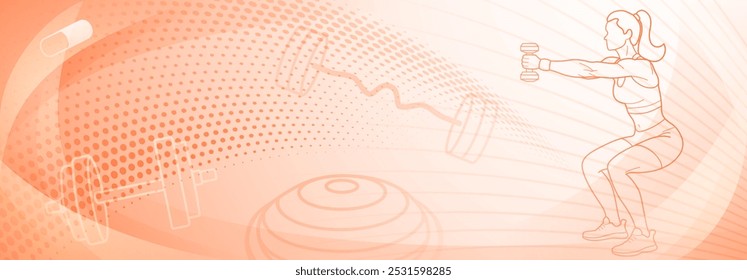 Orange fitness themed background. Stylized scene with a woman that appears to be engaged in some form of physical activity.