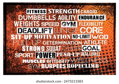 Orange fitness training motivation sport word cloud tag concept wallpaper text is outline on grunge background