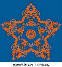 Orange five corner star ornate snowflake icon on teal-blue background