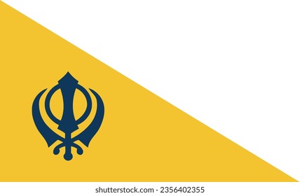 orange flag with symbol of the Sikh religion called KHANDA formed by two scimitars and men with turbans