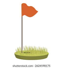 Orange flag is waving on a golf course, marking the location of the hole
