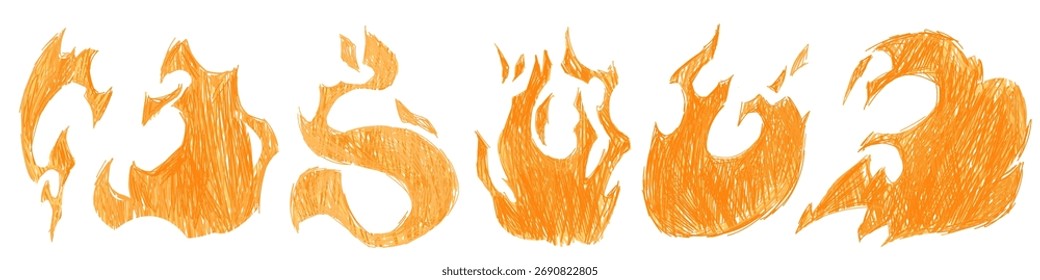 Orange flame scribble shapes with hand drawn textures for creative designs or energy concepts. Dynamic fire silhouettes with sketch hatching marks. Burning heat elements and blazing forms collection.