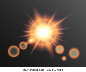 Orange flash of light with rays and bokeh effect on transparent background. Suitable for creating energetic, explosive or festive design elements in digital and graphic projects.