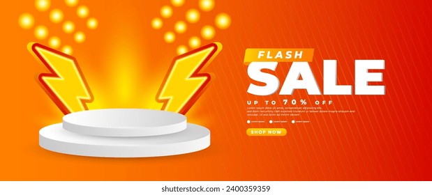Orange flash sale banner design with podium elements, suitable for retail promotions