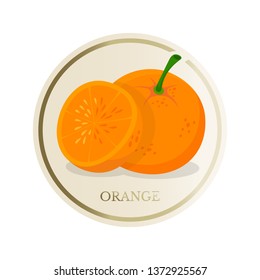 Orange flat circle sticker. Sliced tropical exotic fruit vector illustration. Eco, organic homemade juice, jam patch. Fresh healthy vitamins rich food. Summer cocktails ingredient