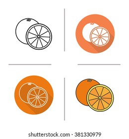 Orange flat design, linear and color icons set. Orange in different styles. Halved orange icons. Tropical citrus fruit. Long shadow logo concept. Isolated vector illustrations. Infographic elements