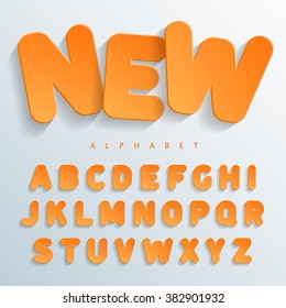 Orange flat font without angles with a falling shadow on the left side. Easy and simple approach to design of banners, posters and colorful cards. Vector Illuctration