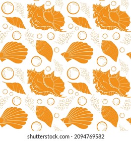Orange flat outline sea shells, bubbles seamless pattern for fabric, textile, apparel, interior, stationery, wrapping paper, scrapbooking. Trendy marine endless texture. Exotic ocean shells contours