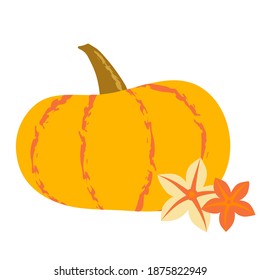 Orangefarbener flacher Kürbis mit grünen Streifen und großer Tendril. Herbstvektor-Illustration für Thanksgiving-Day-Designs, Halloween-Party. Eco-Lebensmittel-Element für Logo, Poster, Festivalbanner. EPS11