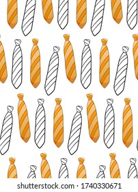 Orange flat style and black outline style neckties with strips print seamless pattern. Decoration for card, wrapper and textile. White background, vector.