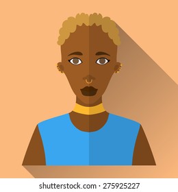 Orange flat style square shaped female character icon with shadow. Illustration of beautiful african woman with short white curly hair with septum and ear piercing wearing blue sleeveless shirt.