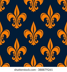 Orange fleur-de-lis floral seamless pattern for heraldic or interior design with vintage french lilies over dark blue background