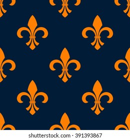 Orange fleur-de-lis floral seamless pattern of pointed buds with curved leaves on both sides, arranged into iris flowers ornament over blue background. Vintage interior or heraldic theme design